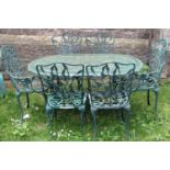 A contemporary green painted cast aluminium garden terrace table of oval form with decorative