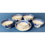 Six pieces of Chinese export blue and white porcelain to include: four bowls with gilt details and