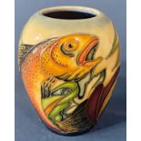 A Moorcroft oviform vase showing leaping trout, 10 cm