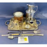 A mixed selection of silver plated table ware including a double handled bowl, trays, loose