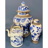 Three pieces of Chinese blue and white porcelain to include: crackle glazed ginger jar with cover