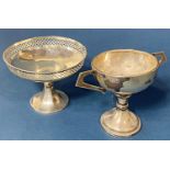 A small sliver bonbon dish with pierced rim (af) and a two handled trophy cup (dented), 4.2 ozs