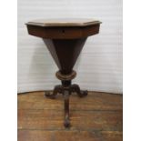 Victorian walnut trumpet shaped work box, the top of octagonal form raised on a turned pillar and