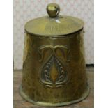 Art Nouveau hammered brass coal box and cover, with pierced handle