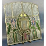 An early 20th century leaded glass panel with colourful floral decoration, 45cm w x 50cm h