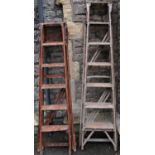 A vintage Stones patent pine folding step ladder together with one other, (to be sold for display