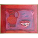 BRITISH SCHOOL, 20TH CENTURY 'SILL LIFE OF A PINK BOWL AND JUG' oil on canvas, indistinctly signed