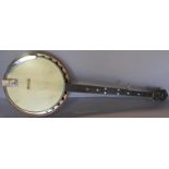 A MayBell Style B banjo with five strings, in maple and padauk wood, 93 cm long approx, with its