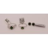 Group of 9ct white gold chrome diopside set jewellery, comprising a trillion-cut chrome diopside and
