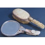 Antique Chinese silver plated jade mounted dressing table mirror and brush - the frames with