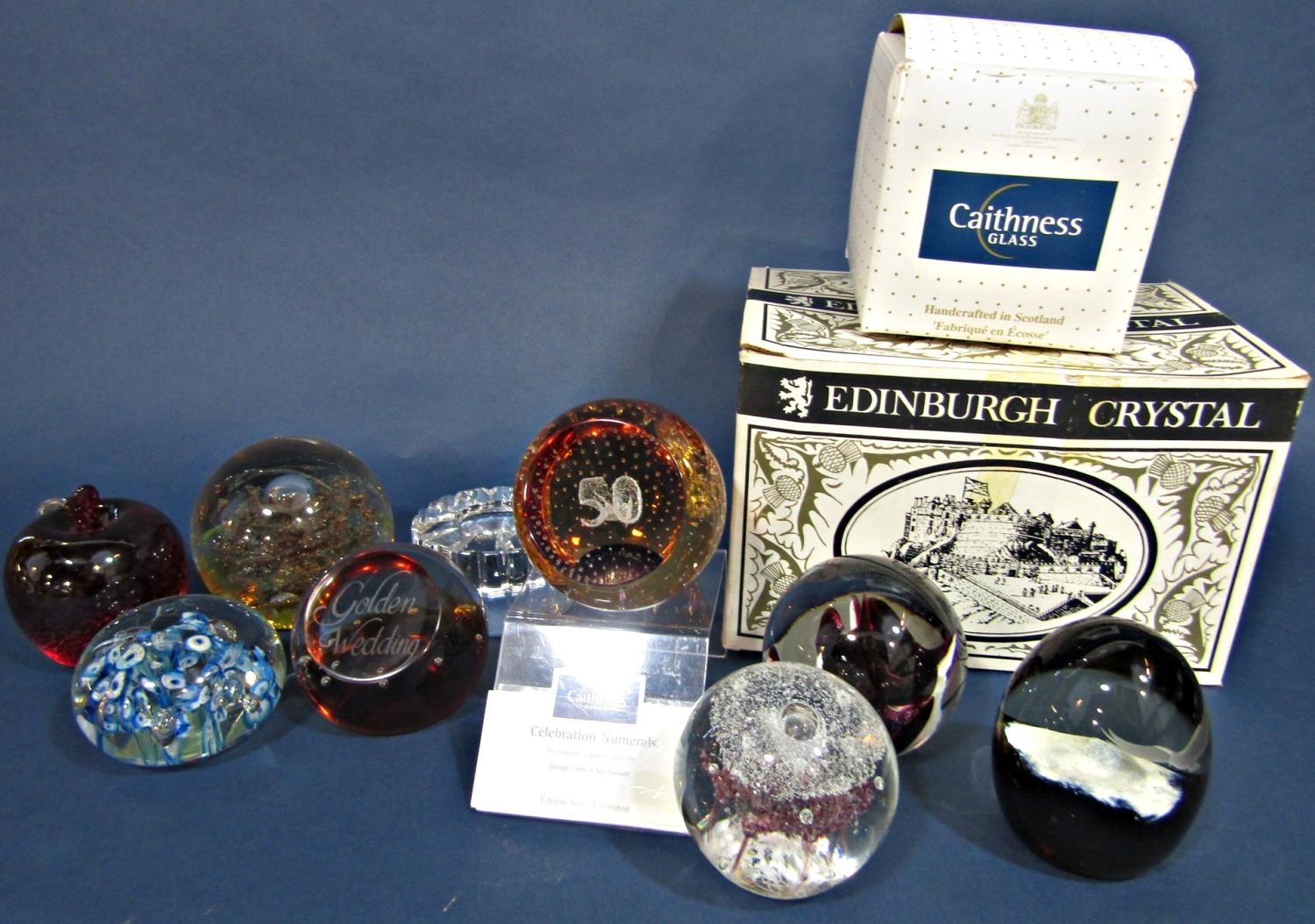 A Caithness Glass Celebration Numerals paperweight designed by Helen Macdonald, and eight further