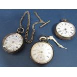 Three silver lever pocket watches with enamelled dials, together with a silver Albert watch chain
