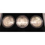 Cased set 3 x silver £5 coins - Alderney Guernsey and UK, limited issue of which 500 sets have