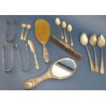 Assorted 19th century silver ware comprising three serving spoons, six teaspoons, three mustard