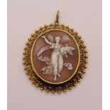Antique yellow metal cameo pendant depicting a fairy holding a swan, 4cm L approx excluding loop,