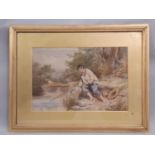 Boy fishing by the river (19th Century School), watercolour on paper, indistinctly inscribed