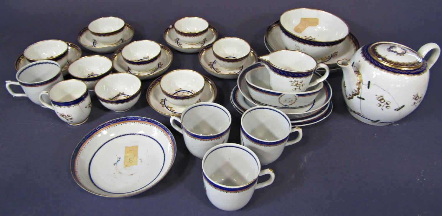 A collection 18th century Crescent Worcester china wares comprising teapot (af stapled and knop