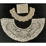 2 antique bobbin lace collars, the larger with depth 16cm, diameter when laid flat 55cm