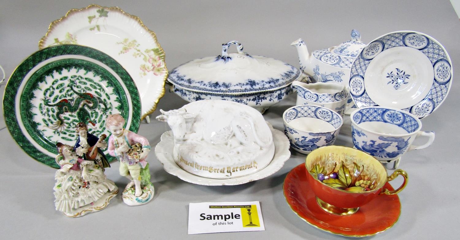 A collection of mixed china comprising Old Chelsea blue and white wares, George Jones dessert