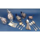 A mixed quantity of silver plated items including tea pots, water jugs, sugar bowls, trophies and