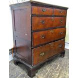 An 18th century walnut chest of three long and two short drawers on bracket supports, 96cm wide