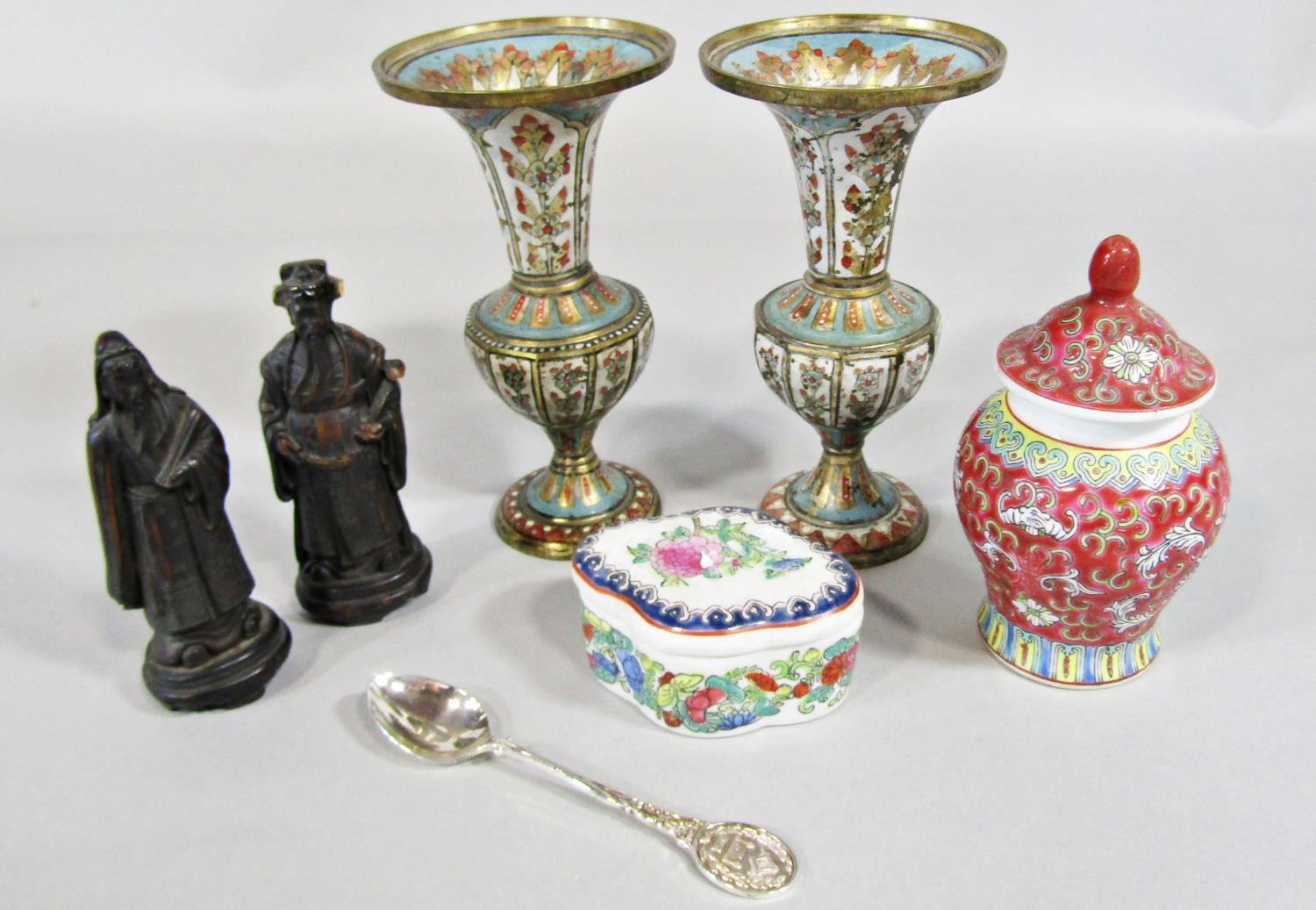 A Chinese baluster pot and cover, a pair of enamel trumpet shaped vases and two resin figures, etc
