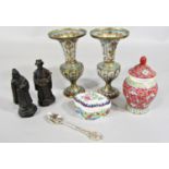 A Chinese baluster pot and cover, a pair of enamel trumpet shaped vases and two resin figures, etc