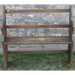 A small vintage stained pine two seat bench, 99cm wide x 30cm deep x 90cm high