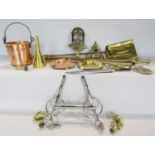 Four brass fire irons, a brass funnel, ashtrays, a selection of horse brasses a large steel horse