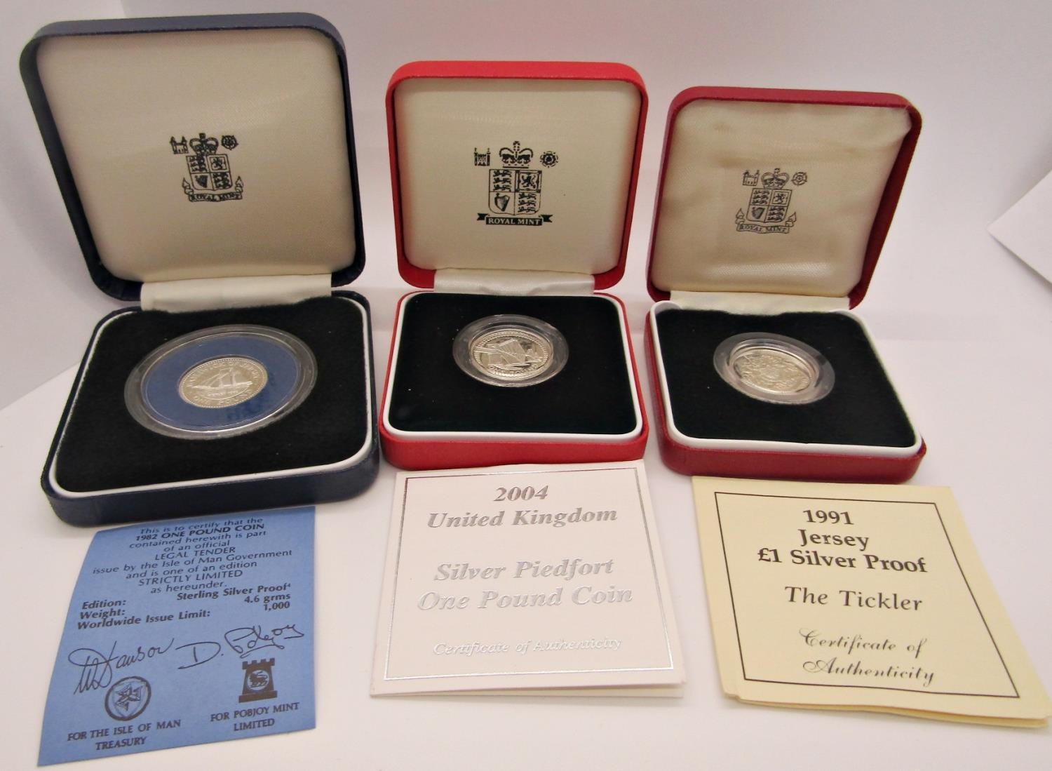 Two Piedfort Silver Proof £1 coins, 2000 and 2004, Pobjoy Proof Isle of Man £1 1980 x 2 and 1991 £