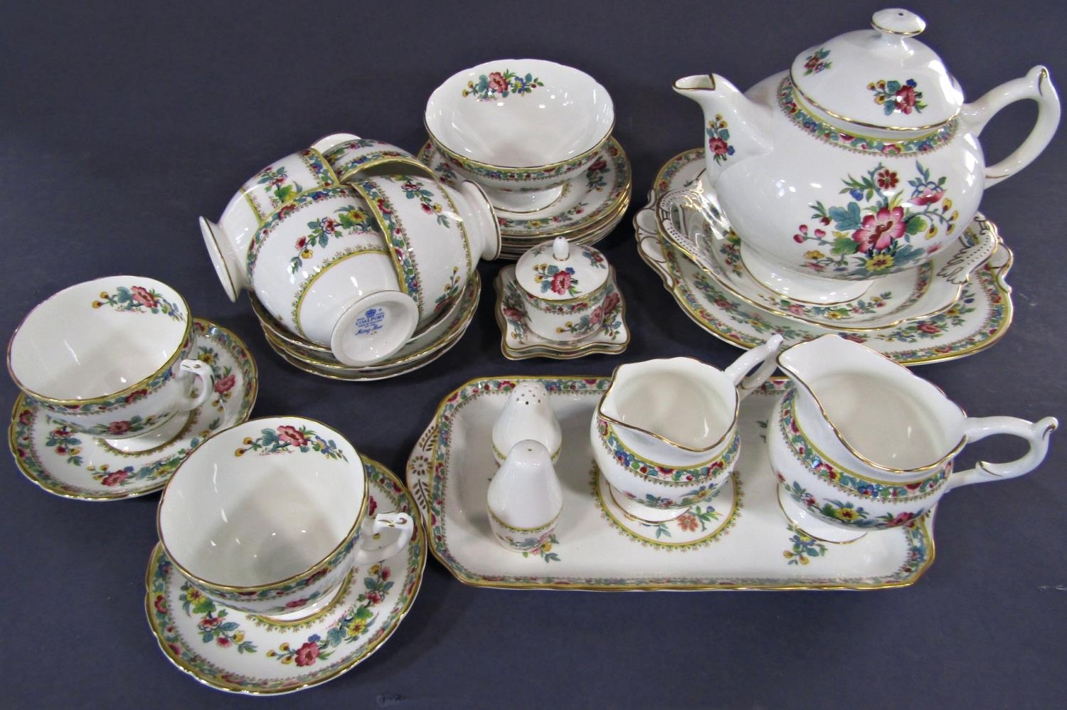 A collection of Coalport Ming Rose tea wares comprising teapot, milk jug, cream jug, sugar bowl, six