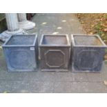 Three simulated lead (fibreglass) square planters with repeating panels 26 cm square