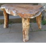 A rustic occasional table the heavy top taking the shape of the trunk, raised on three branch