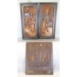 Two Chinese carved wood panels with figures in relief, 41cm x20cm and another similar, 3 (as found)