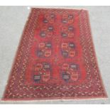 A Turkoman carpet with two rows of elephant foot gul on a red ground, 250cm x 160cm.