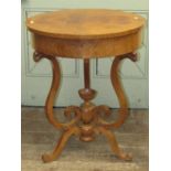A 19th century Biedermeier ladies sewing table of circular form, the rising lid revealing a fitted