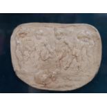 Roman Pottery in display case together with framed plaque of dancing putti and ship in bottle -