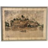 Tawon Inargon (b.1938), floating village scene, watercolour on paper, signed and dated 1963 lower