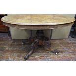 A Victorian walnut and burr walnut loo table, the oval top quarter panelled and raised on a carved