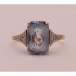 Art Deco 9ct blue spinel ring with platinum setting and diamond shoulders, size O/P, 2g