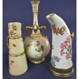 Three Royal Worcester blush ivory vases with hand painted floral ands insect decoration, model