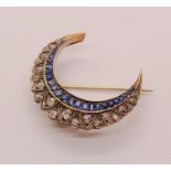 Good quality antique sapphire and diamond crescent brooch with detachable pin, in unmarked white and
