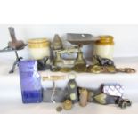 A miscellaneous collection of items including two glazed earthenware jars, a vintage weighing scale,