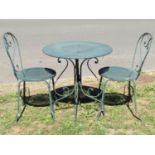 A green painted ironwork three piece terrace or bistro set comprising circular top table with