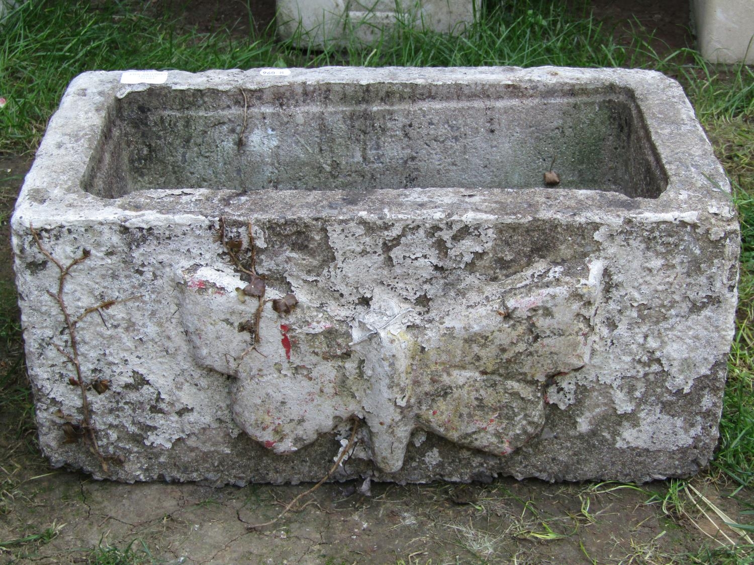 A painted and weathered cast composition stone flower trough of rectangular form with raised - Image 2 of 3