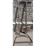 An old agricultural related? spade, with long T shaped chamfered wooden handle 169cm long together