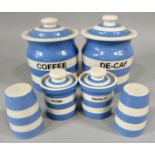T G Green Cornish ware, two large storage jars, two smaller storage jars, condiments, etc