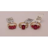 Three 9ct ruby and diamond cluster rings of various design, sizes J - N/O, 8.5g total, one with