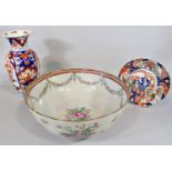 A large 18th century Chinese punch bowl with floral spray detail, 37cm diameter (af) together with