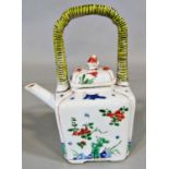 18th century Chinese ceramic teapot and cover with simulated wicker handle and foliated
